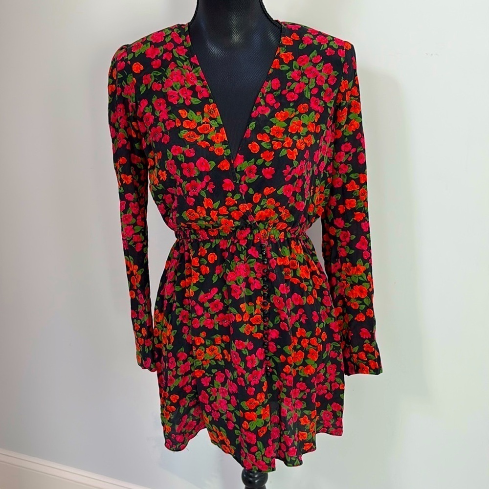 The Kooples Red Silk Crossover Mini Dress Camellia Rose Print 1 Small Womens